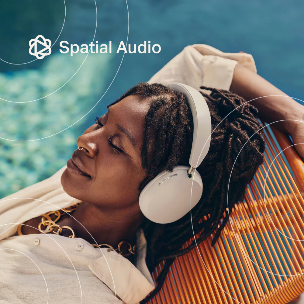 A woman wearing Sonos Ace headphones, relaxing by a pool. The text 